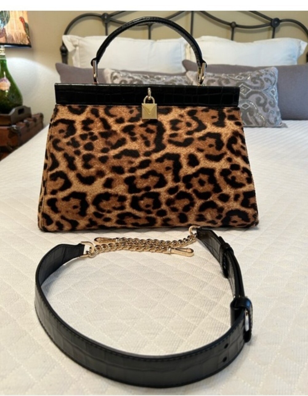 Michael Kors Leopard Print Satchel with Black Trim and Gold Hardware